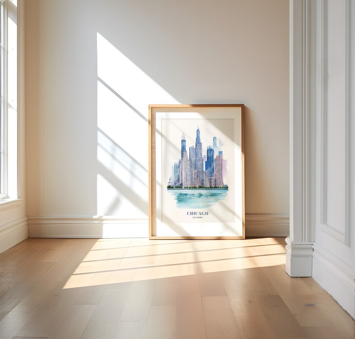Chicago Illinois Watercolor Skyline Poster City Travel Wall Decor Art - Image 2