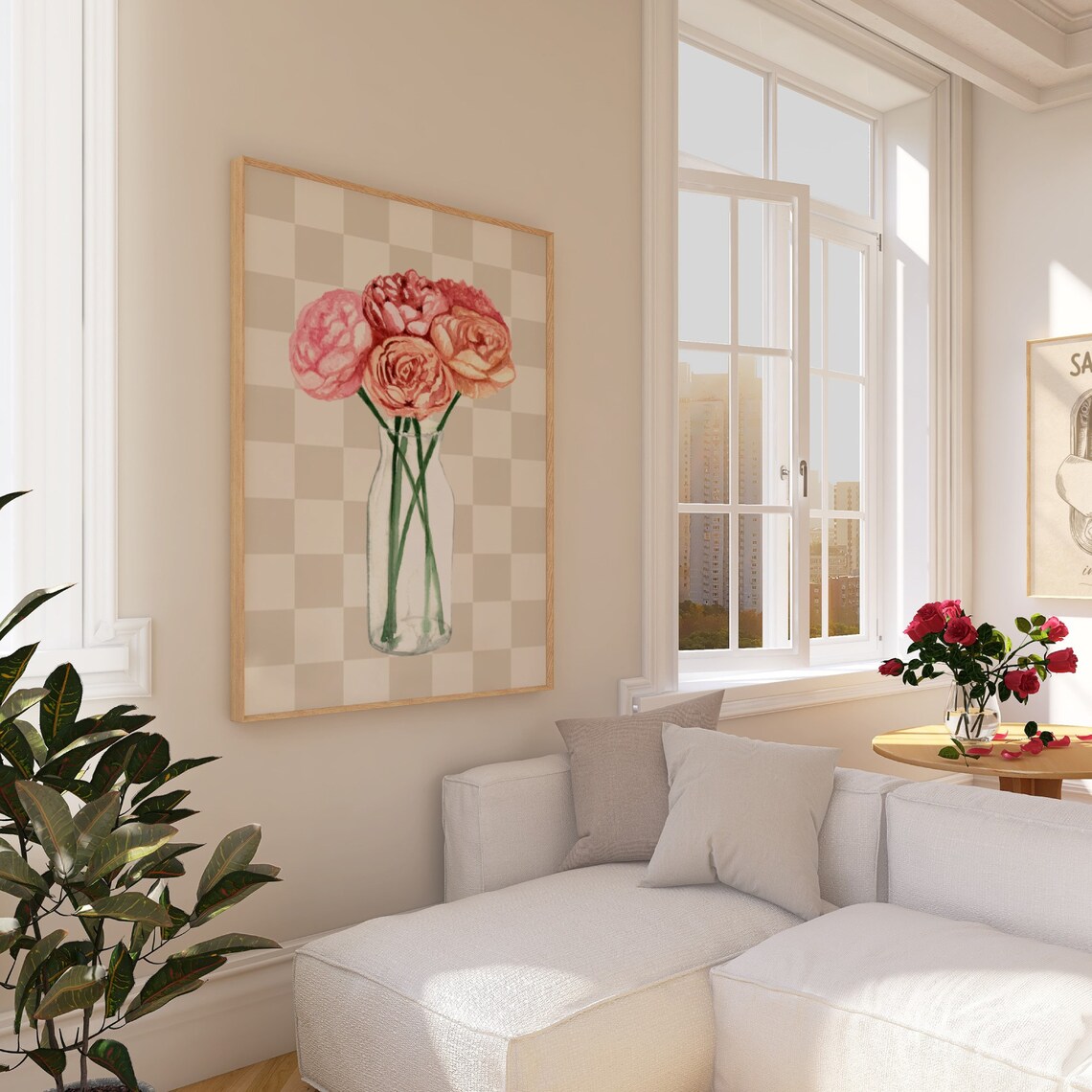 Pink Roses Glass Bottle Checkered Botanical Floral Art Poster - Image 2