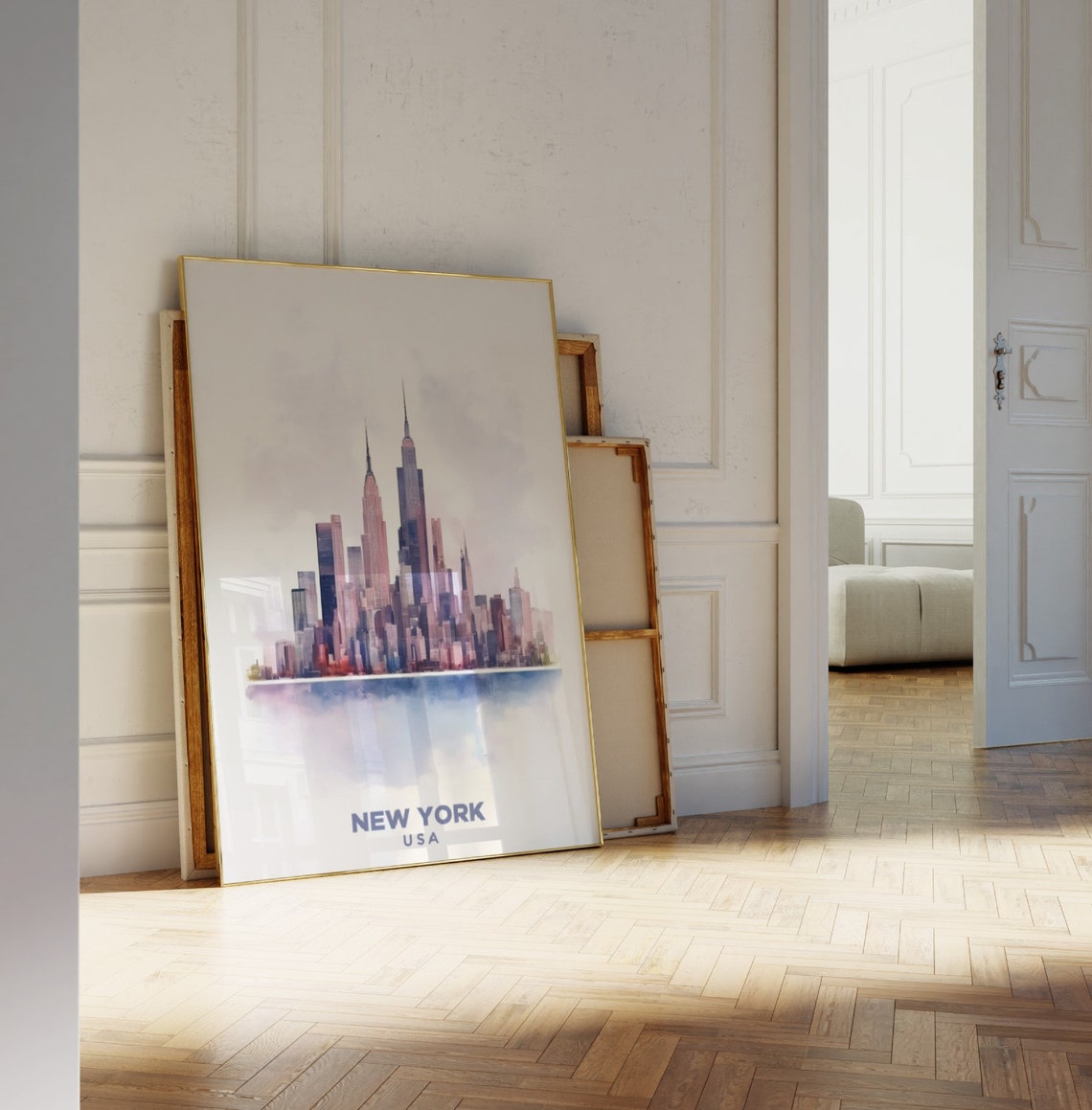 New York USA Pink Watercolor Skyline Travel Exhibition Poster - Image 2
