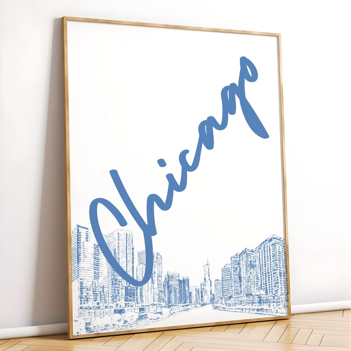 Chicago Blue Script Skyline Line Drawing Travel City Art Poster - Image 4
