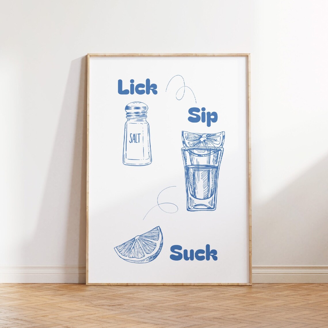 Lick Sip Suck Tequila Blue Line Art Fun Home Bar Decor Poster