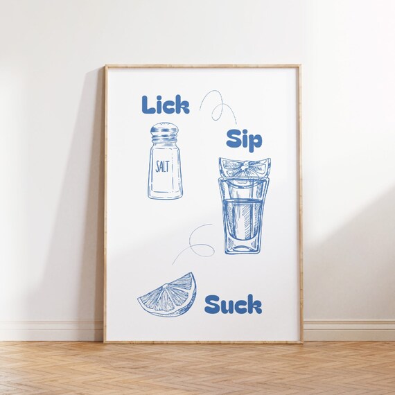 Lick Sip Suck Tequila Blue Line Art Fun Home Bar Decor Poster