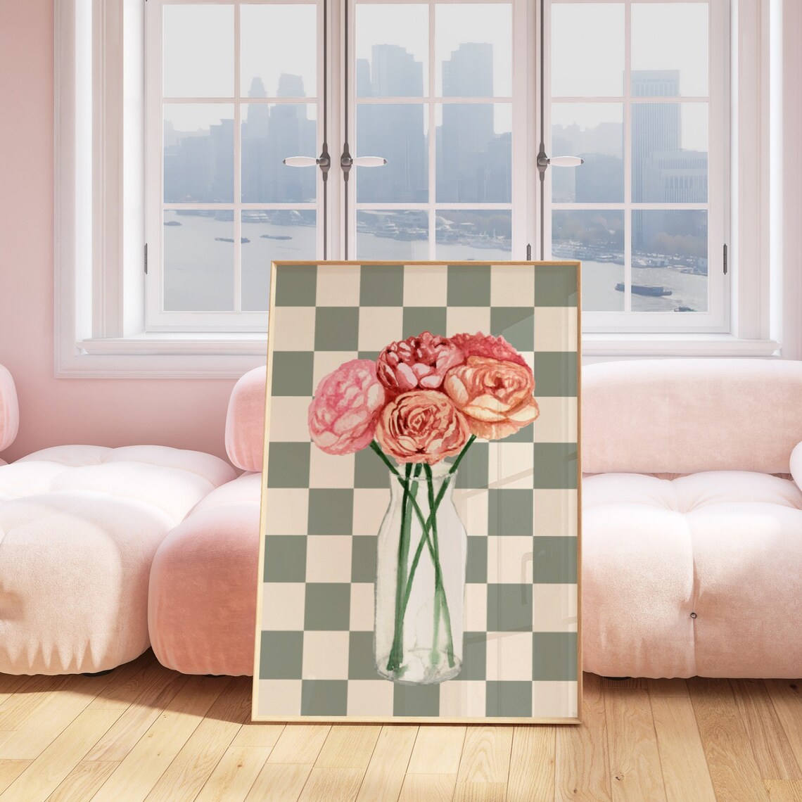 Bouquet Of Flowers Art Print, Checkered Floral Decor - Image 4