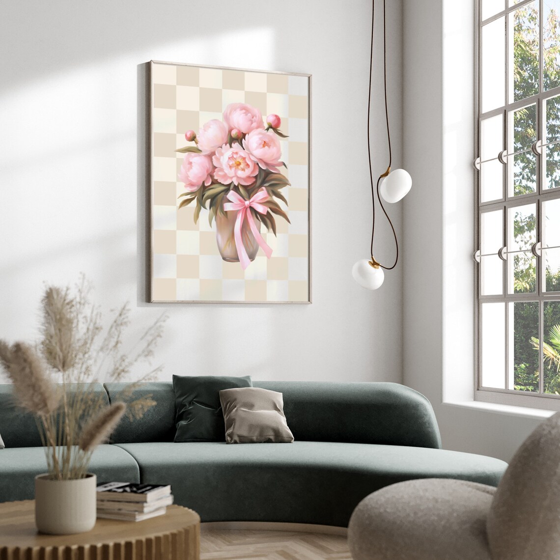 Bouquet Of Flowers Print Checkered Wall Art Peonies Floral Art Girls Bedroom Checker Wall Art Flower Art Beige Checker Art - Image 2