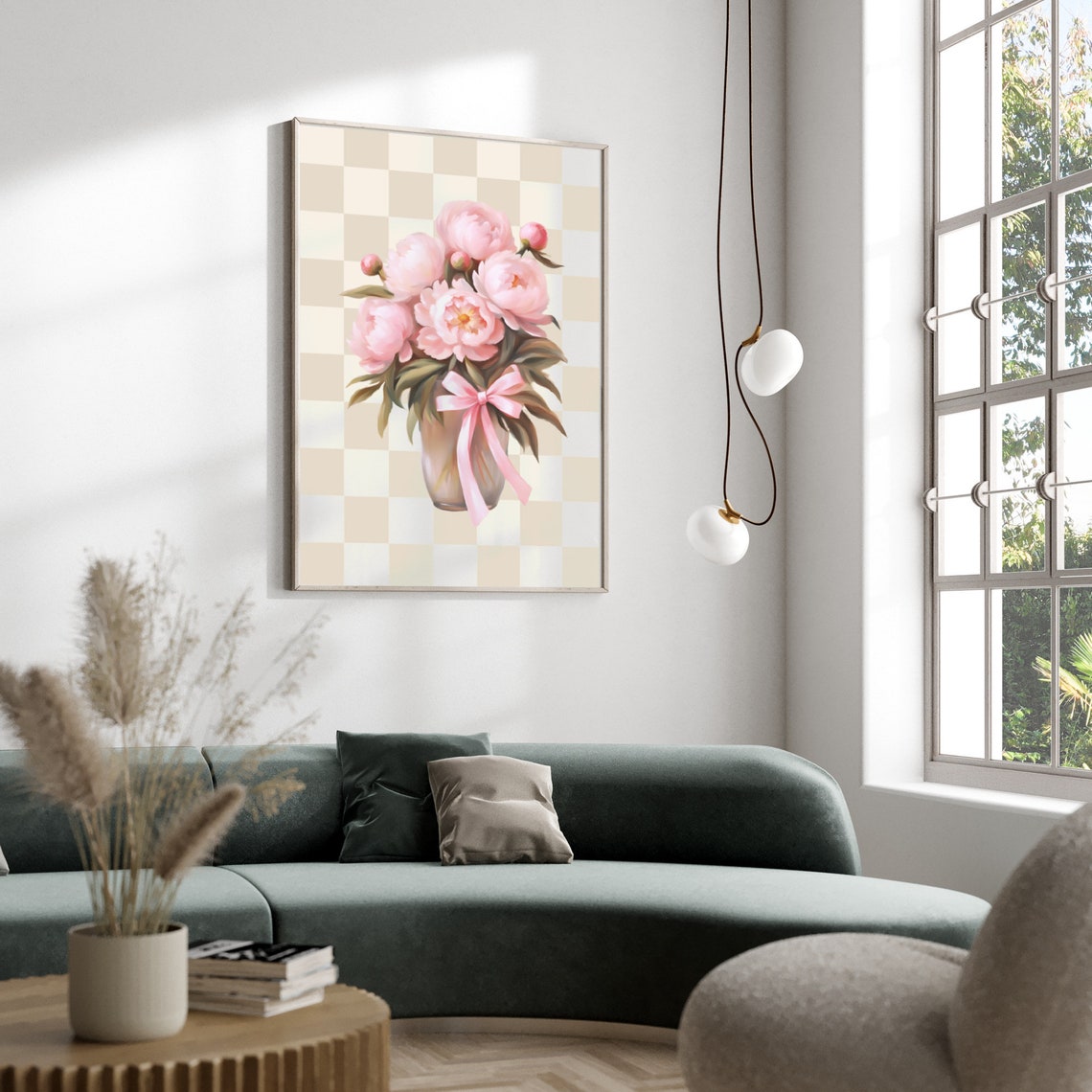 Pink Peonies Bow Vase Checkered Floral Still Life Coquette Poster - Image 2