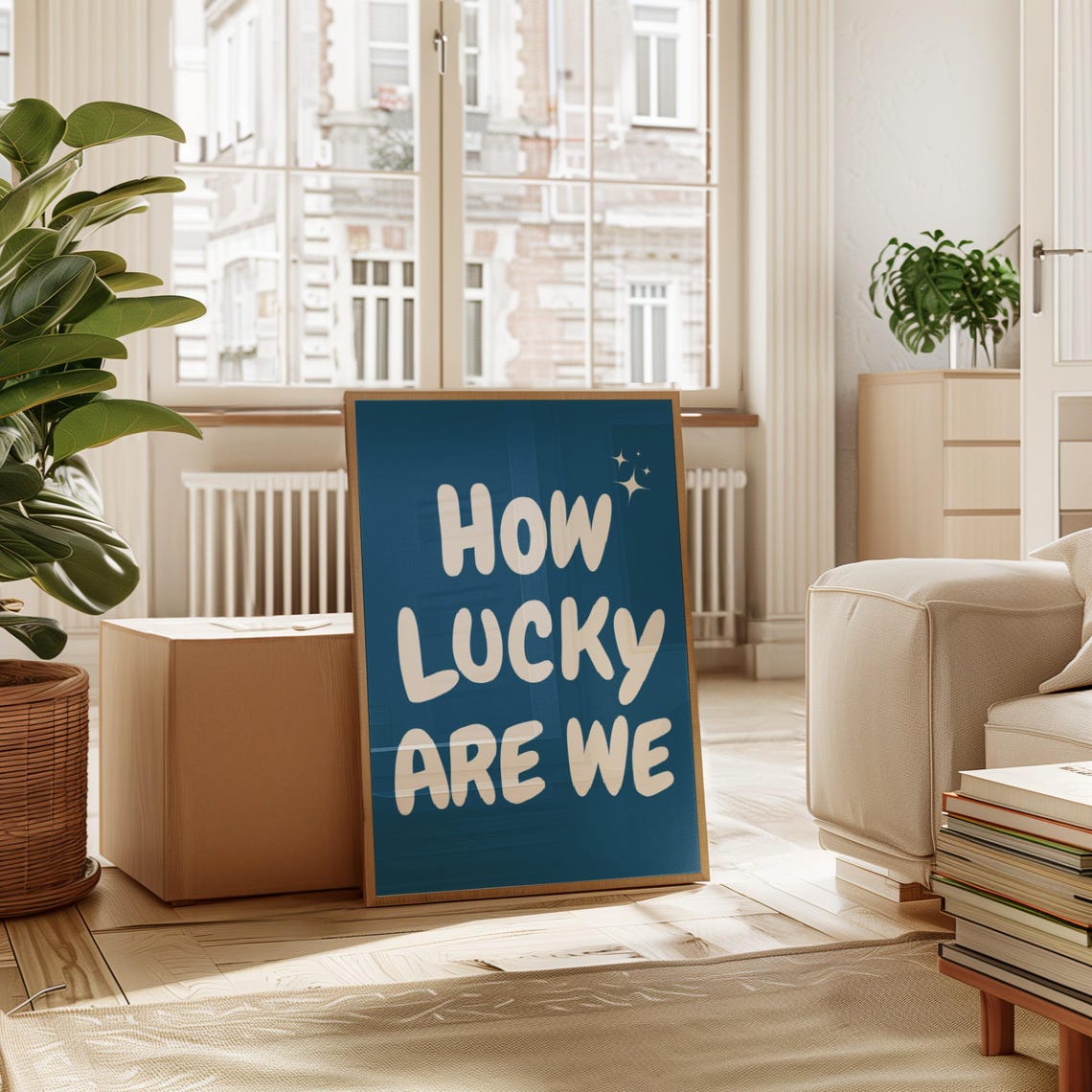 How Lucky Are We White On Navy Blue Retro Affirmation Poster - Image 2
