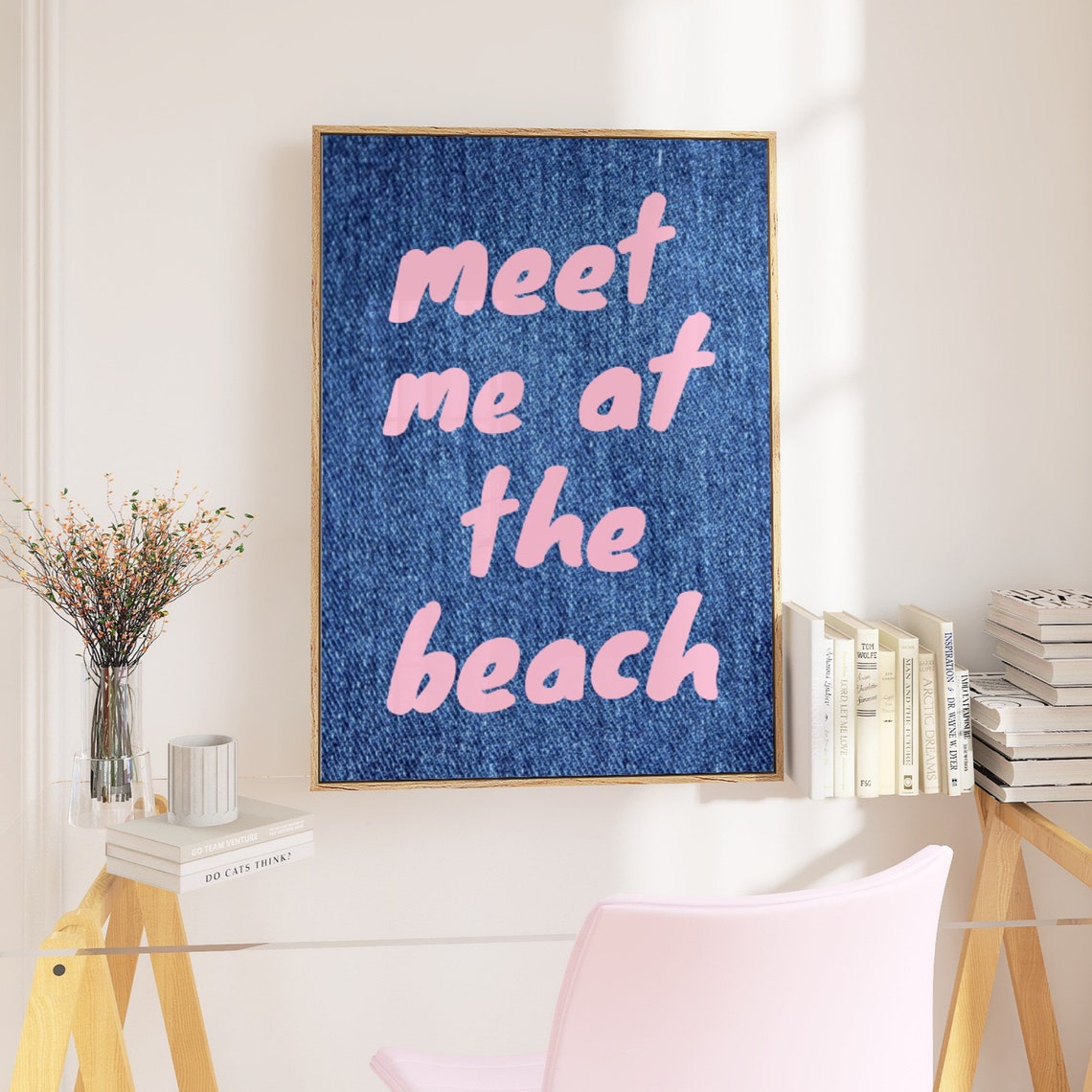Meet Me at the Beach Pink Text Blue Denim Coastal Style Poster
