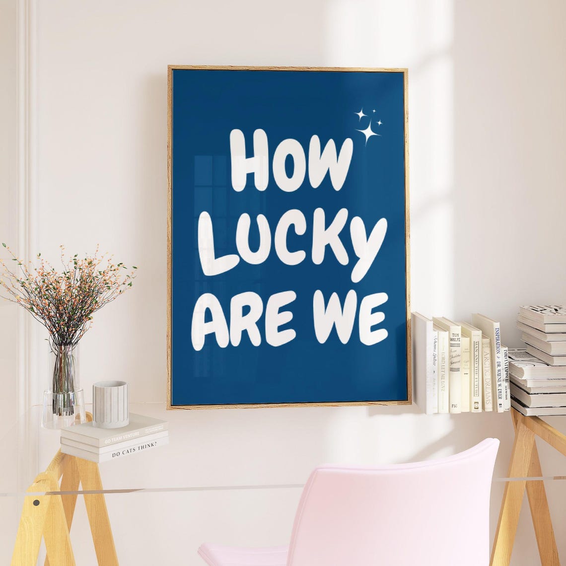 How Lucky Are We White On Navy Blue Retro Affirmation Poster