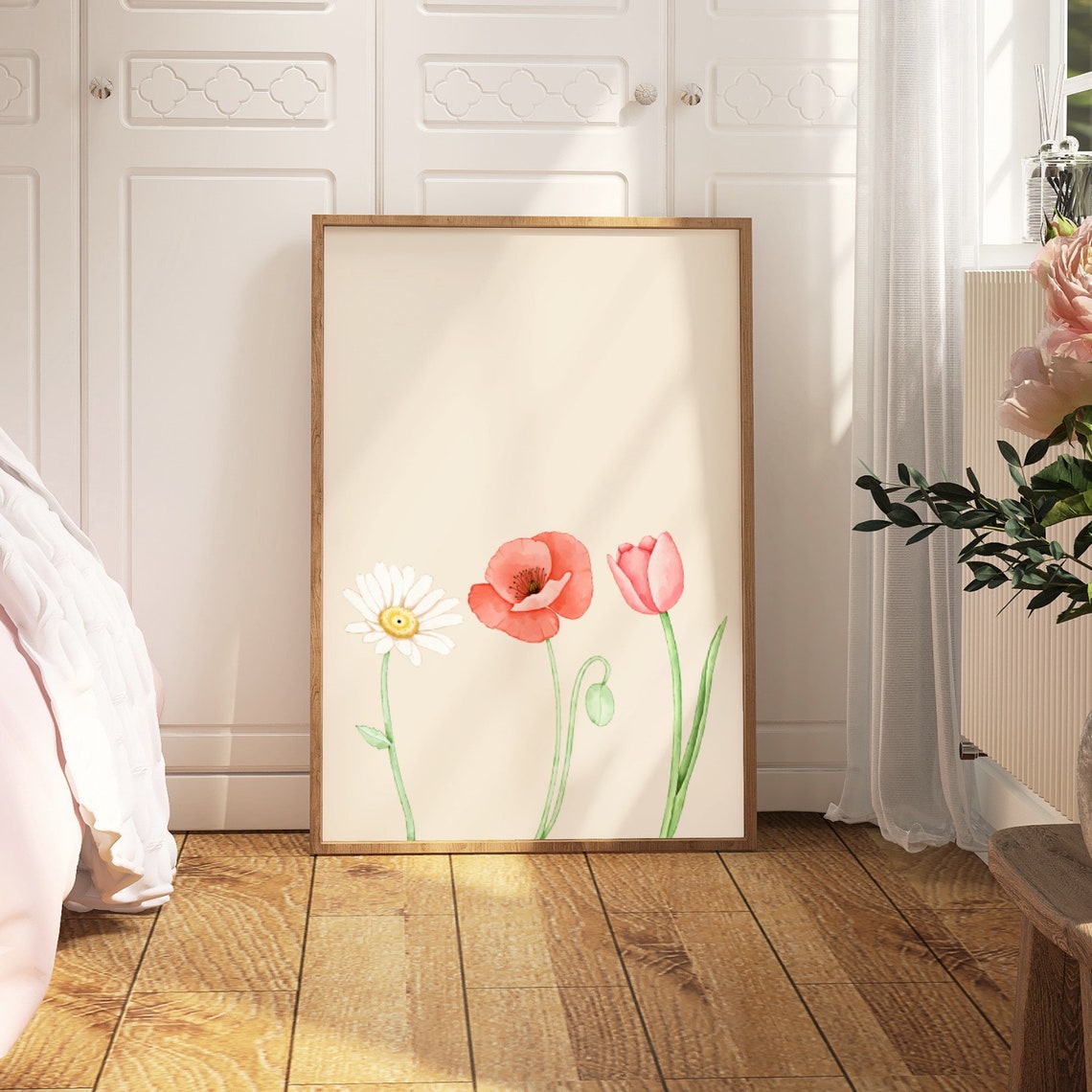 Daisy Poppy Tulip Watercolor Wildflower Trio Botanical Art Poster - Image 3