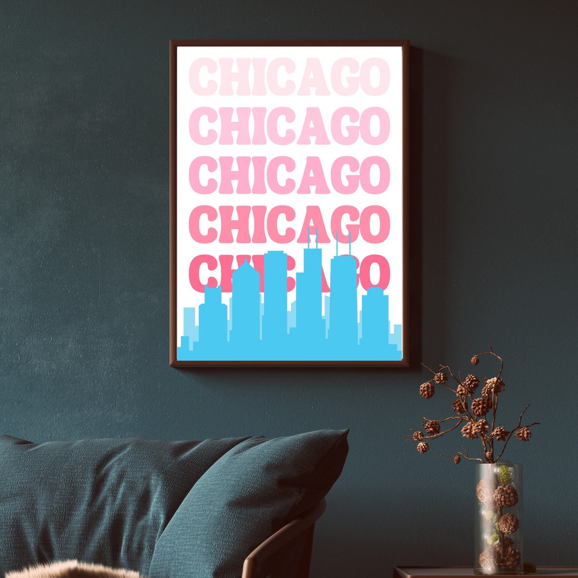 Chicago City Travel Print Art Pink Blue Chicago Travel Print Preppy Wall Print Cityscape Travel Poster Dorm Room Decor - Image 3