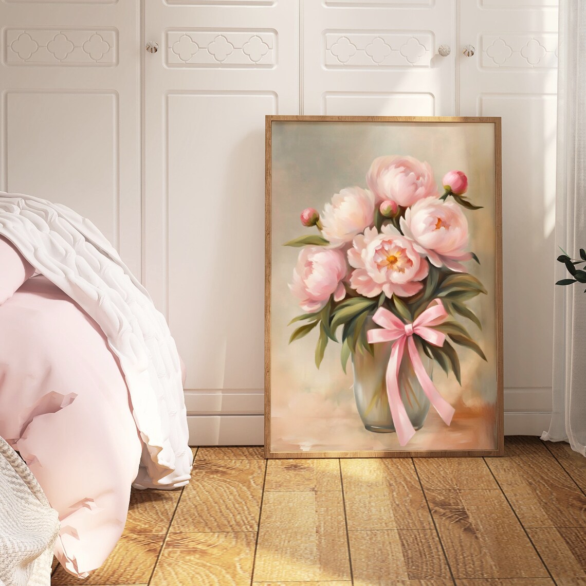 Blush Pink Peonies Bouquet Watercolor Vase With Ribbon Bow Poster - Image 4