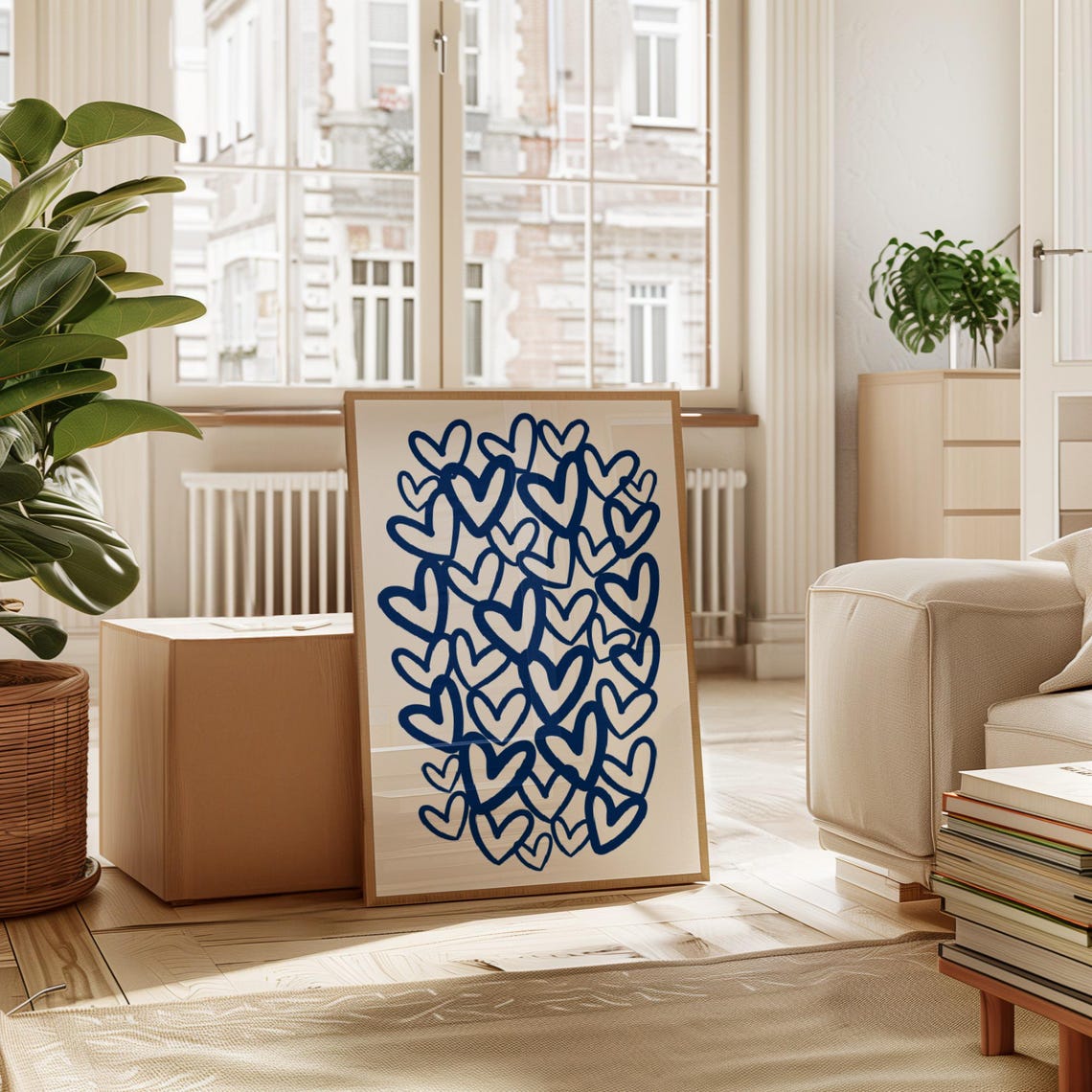 Navy Hearts Outline Pattern Preppy Blue Love Poster Retro Room Decor - Image 3
