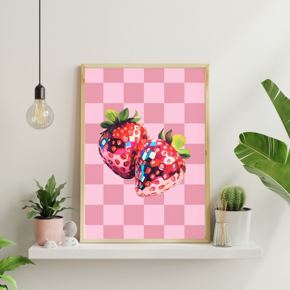 Disco Mosaic Strawberry Duo Pink Checkered Fruit Pop Art Poster - Image 4