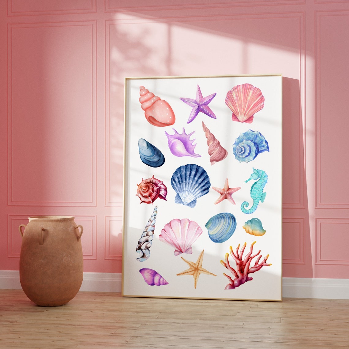 Watercolor Seashells Starfish Seahorse Coastal Collage Room Poster - Image 3