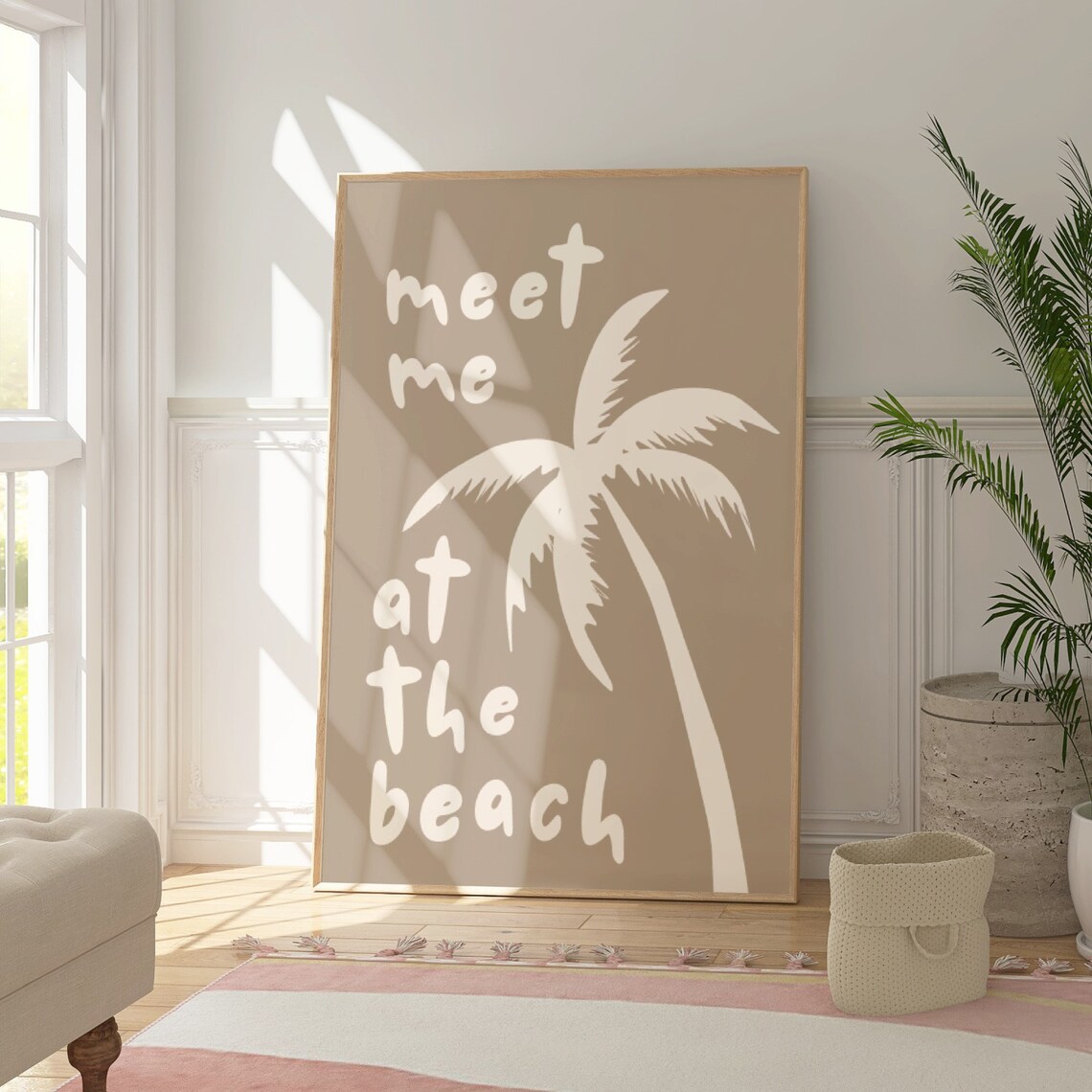 Meet Me At The Beach Palm Poster Taupe Coastal Quote Wall Decor Art - Image 3