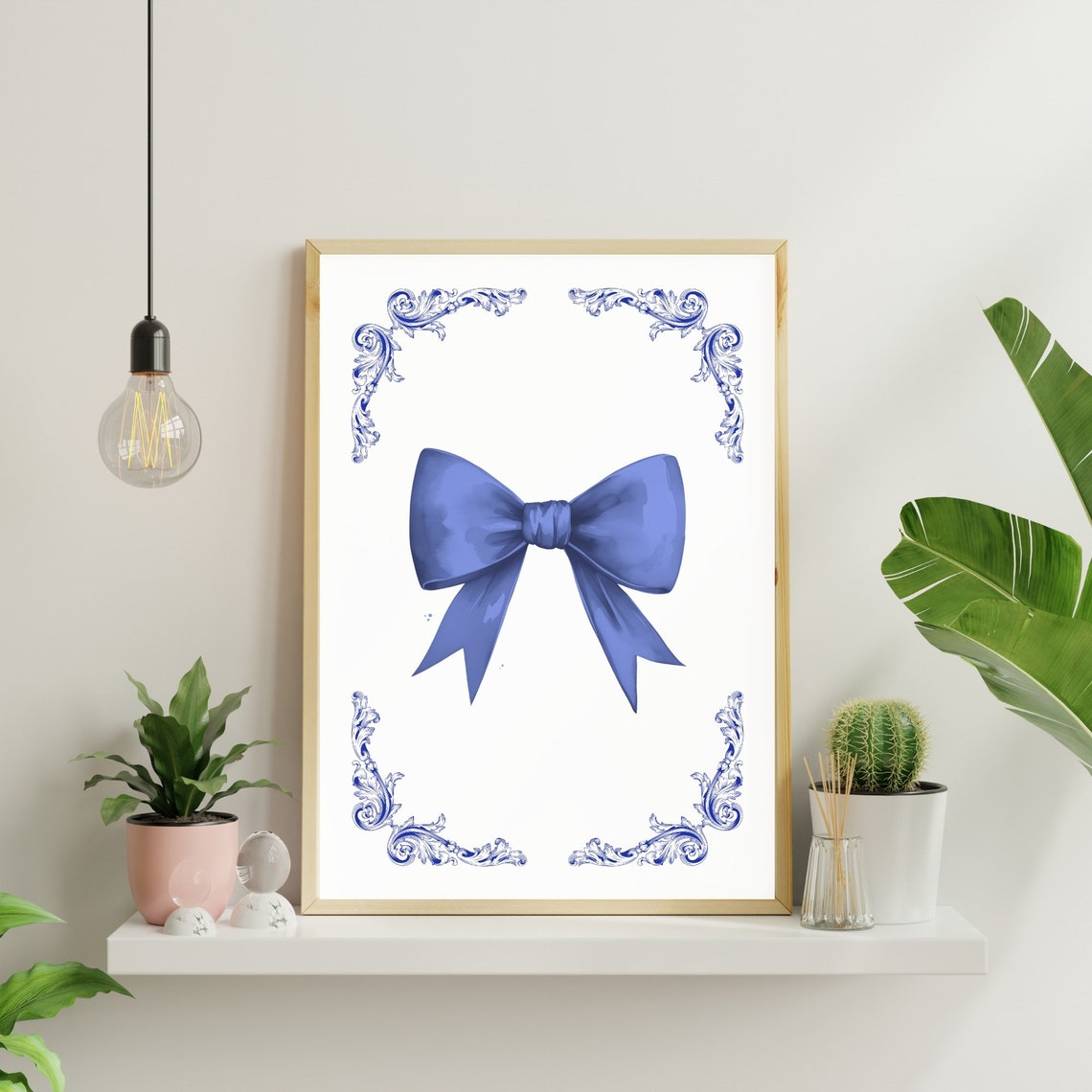 Navy Blue Watercolor Bow with Ornate Corner Flourish Classic Art Print - Image 3