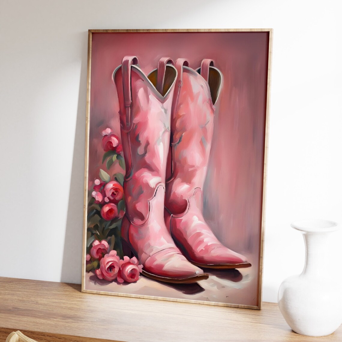 Pink Cowboy Boots Oil Painting Poster Vintage Western Rose Floral Art