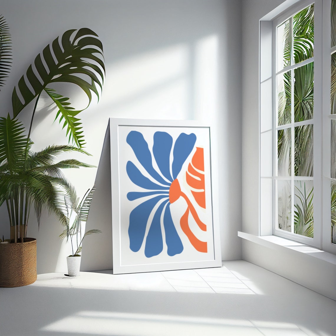 Retro Blue Orange Abstract Flower Mid Century Modern Art Poster - Image 2