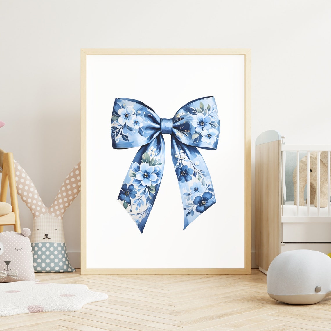 Blue Bow Print Chinoiserie Nursery Print Coquette Room Decor Grandmillenial Wall Art Coastal Grandma Painting Floral Teen Girl Poster