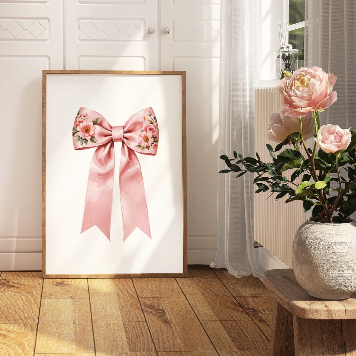 Pink Bow Print Floral Chinoiserie Nursery Print Coquette Room Decor Grandmillenial Wall Art Coastal Grandma Painting Teen Girl Poster - Image 3