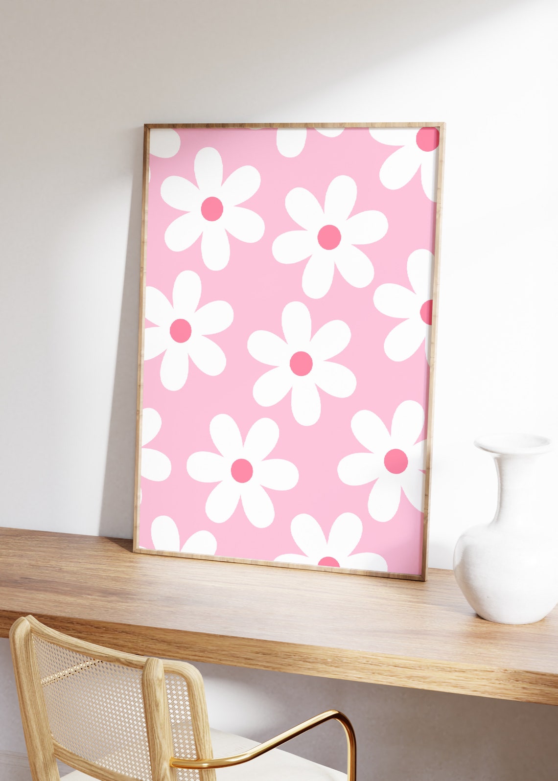 Retro Daisy Pattern White Flowers Pink Background Cute Nursery Poster - Image 2