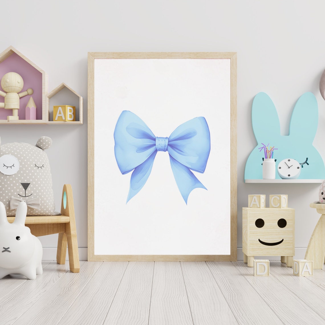 Sky Blue Watercolor Bow Soft Minimalist Ribbon Art Decor Poster - Image 2