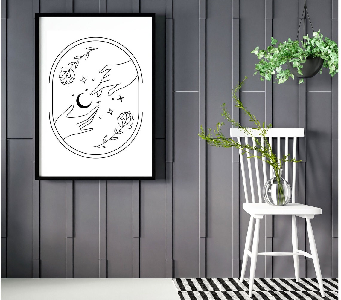Minimalist Hands Reaching Moon Flowers Oval Frame Line Art Poster - Image 4