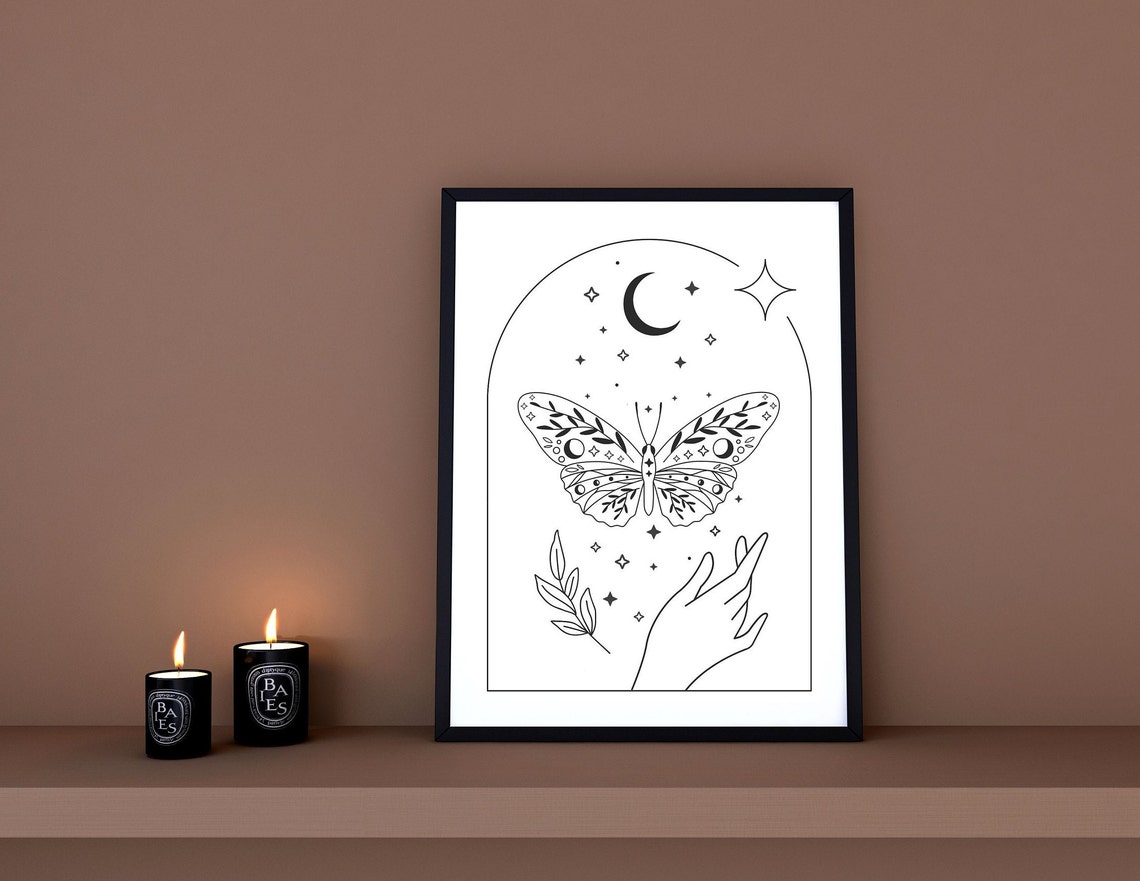 Celestial Butterfly Moon Stars Minimalist Black Line Art Poster - Image 4