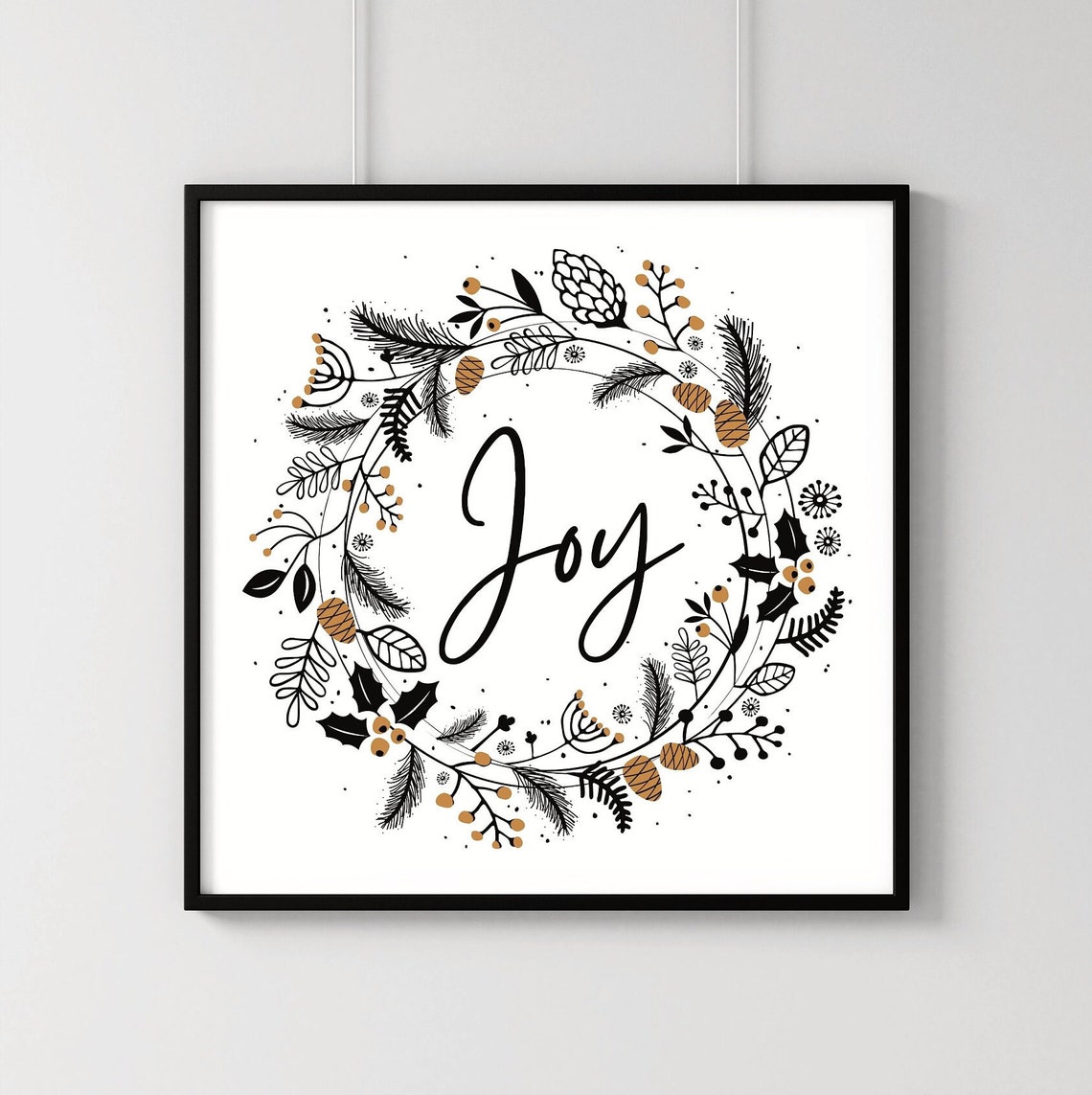 Joy Script Botanical Wreath Gold Holiday Art Wall Decor Poster