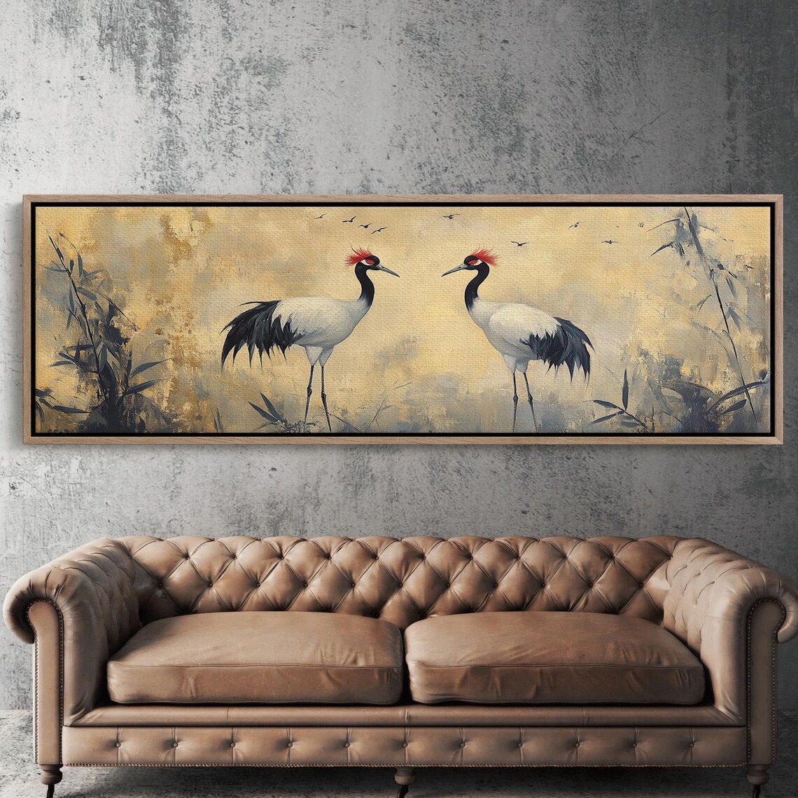 Mirrored Pair Red Crowned Cranes Misty Gold Asian Bamboo Art Poster