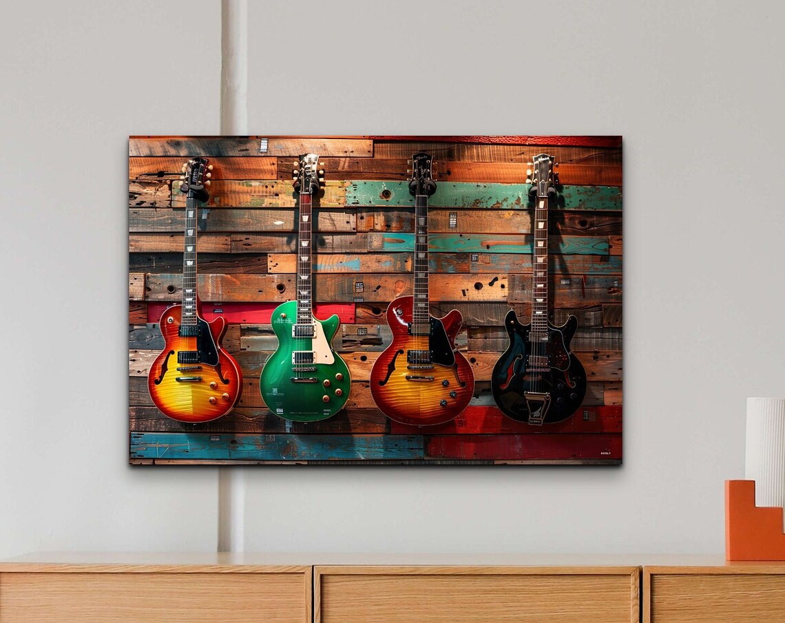Colorful Electric Guitars On Rustic Wood Planks Music Room Wall Art