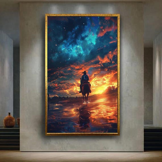 Cowboy Sunset Ride Canvas Wall Art Western Horseback Rider With Starry Sky And Colorful Clouds In Scenic Water Reflection