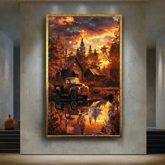 Rustic Autumn Cabin Sunset Canvas Wall Art Vintage Pickup Truck And Lake Reflection Country Landscape For Cozy Home Decor