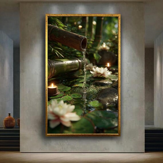 Zen Water Fountain Canvas Wall Art With Bamboo Spout Candles And Flowers Tranquil Nature Print For Spa Or Meditation Decor