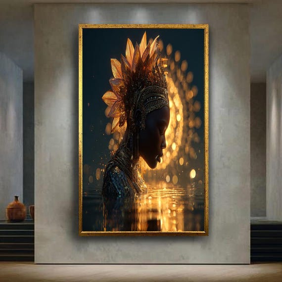 Golden Goddess Profile Canvas Wall Art Radiant Regal Female Portrait With Crown And Light Mystical Spiritual Print For Luxury Decor