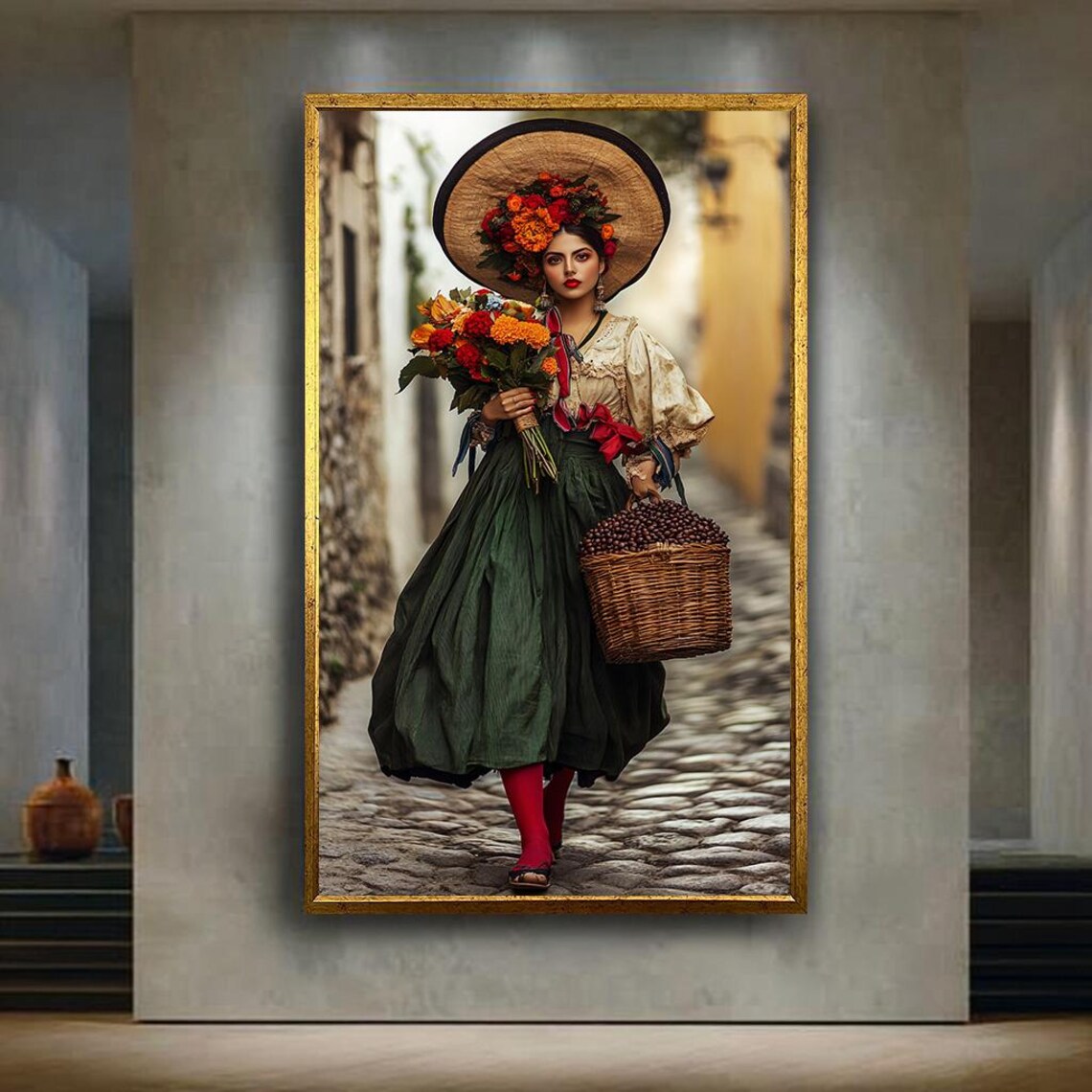 Mexican Flower Seller Marigold Portrait Cobblestone Street Poster