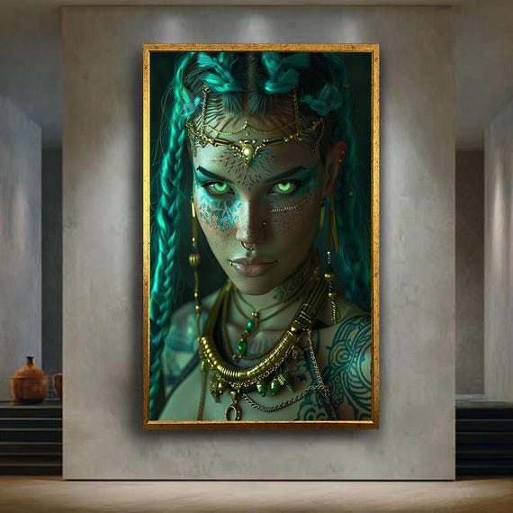 Mystic Warrior Woman Canvas Wall Art With Glowing Eyes And Tribal Jewelry Fantasy Portrait Print For Boho Or Gothic Home Decor
