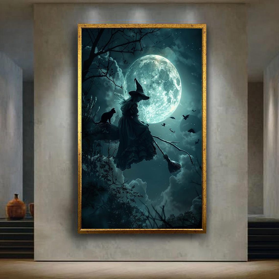 Witch And Black Cat Flying Before Full Moon Teal Night Sky Poster