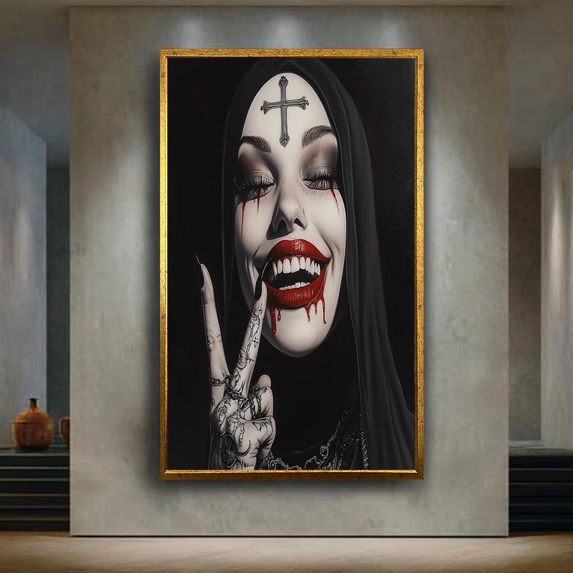 Gothic Horror Nun Portrait Dark Woman With Cross Creepy Poster