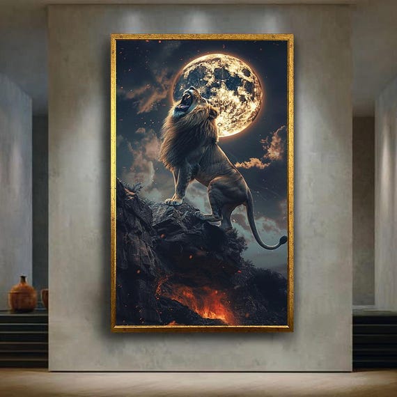 Roaring Lion Full Moon Canvas Wall Art Majestic Wildlife Scene On Cliff Powerful Big Cat Animal Print For Bold Nature Home Decor