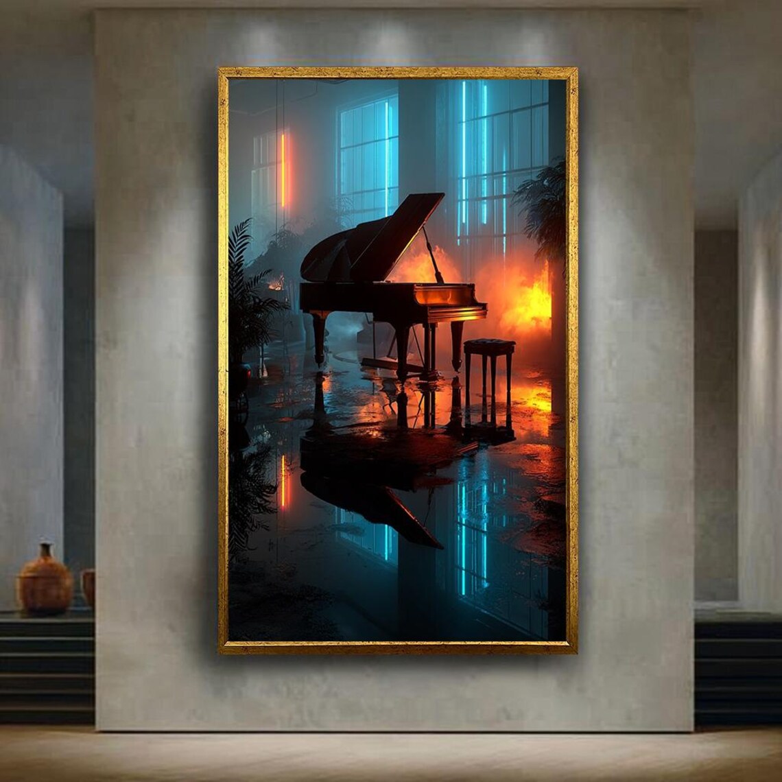 Grand Piano Dark Moody Neon Room Orange Blue Glow Music Art Poster