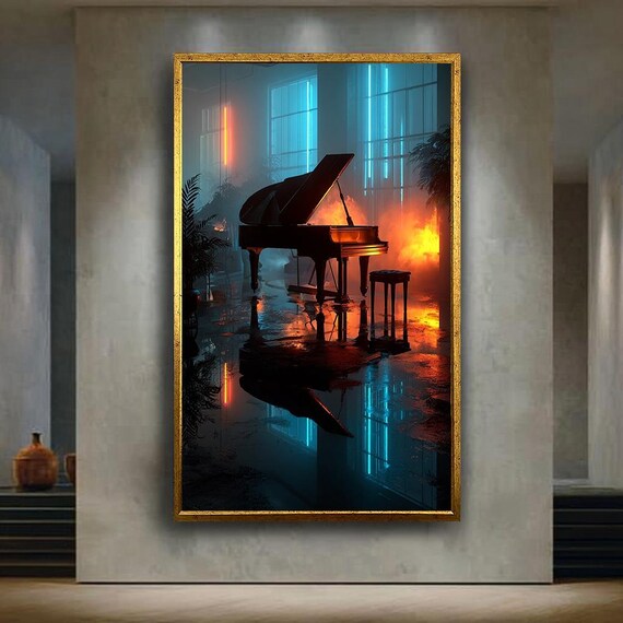 Neo Noir Piano Wall Art Print Dark Moody Neon Room Canvas Poster Grand Artwork Music Lover Urban Decor