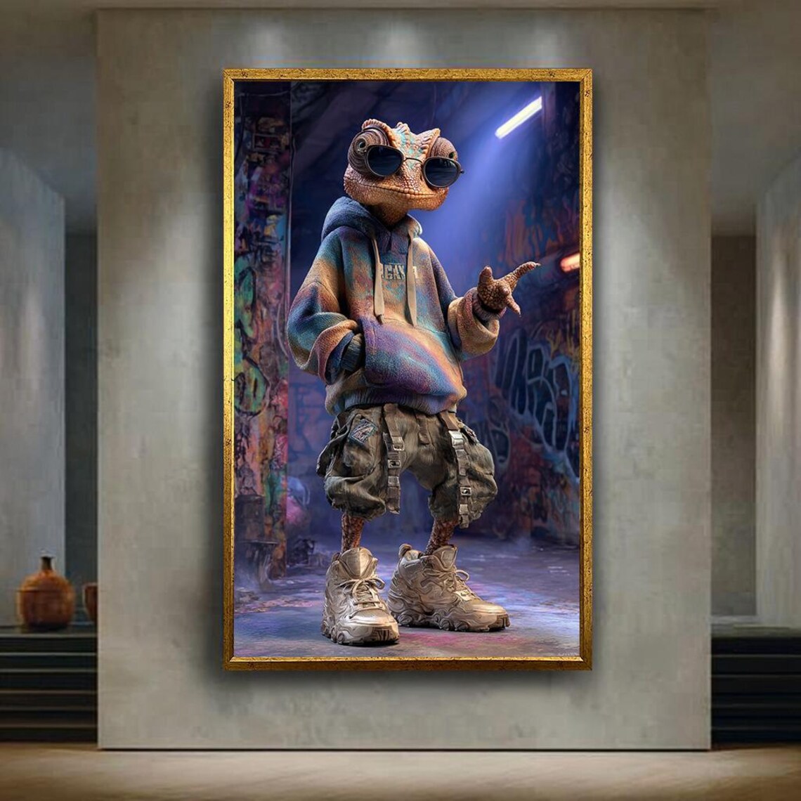 Cool Chameleon Streetwear Hip Hop Graffiti Alley Neon Wall Art