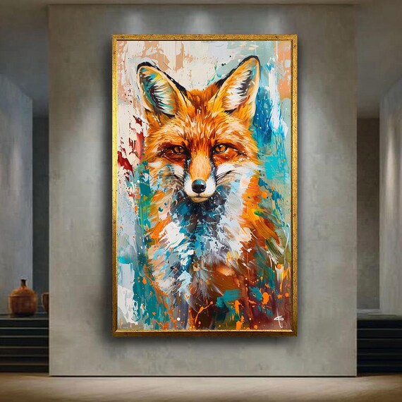 Colorful Fox Canvas Wall Art With Modern Abstract Paint Splashes Vibrant Wildlife Animal Portrait For Rustic And Nature Home Decor