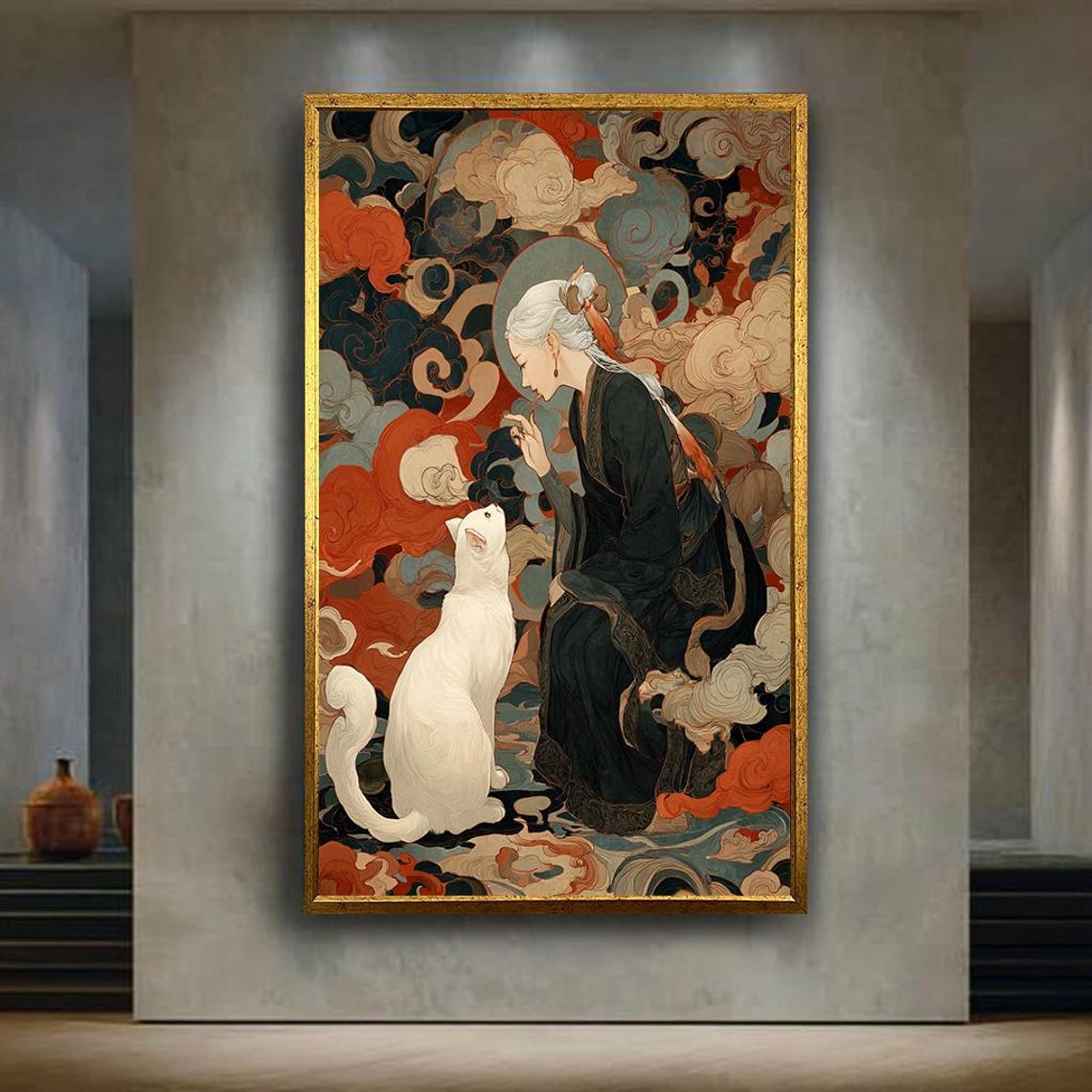 Mystical Asian Woman White Cat Fantasy Oriental Cloud Art Poster