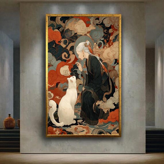 Mystical Asian Woman White Cat Fantasy Oriental Cloud Art Poster