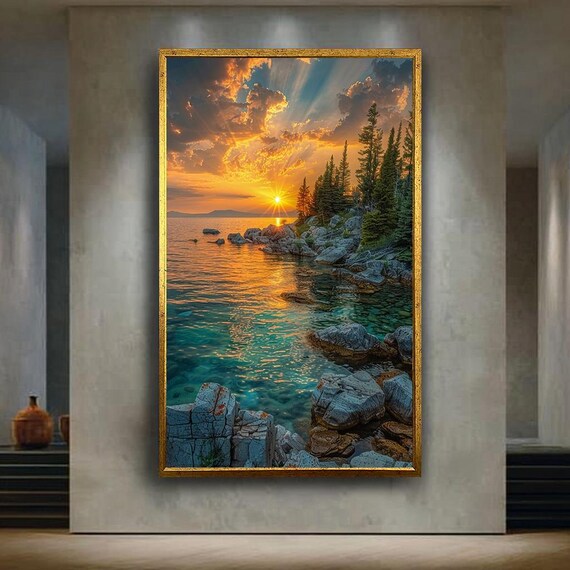 Golden Sunset Rocky Lakeshore Pine Trees Dramatic Sky Wall Art