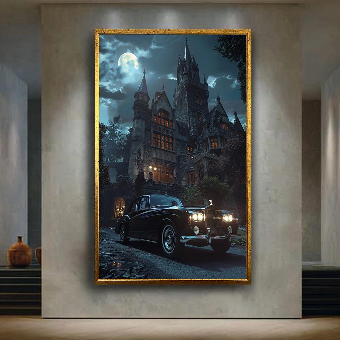 Haunted Gothic Mansion Full Moon With Classic Black Car Art Poster