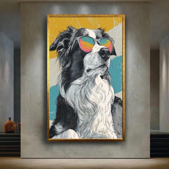 Cool Dog Wall Art Print Funny Sunglasses Illustration Poster Colorful Border Collie Canvas Retro Hipster Pet Decor Artwork