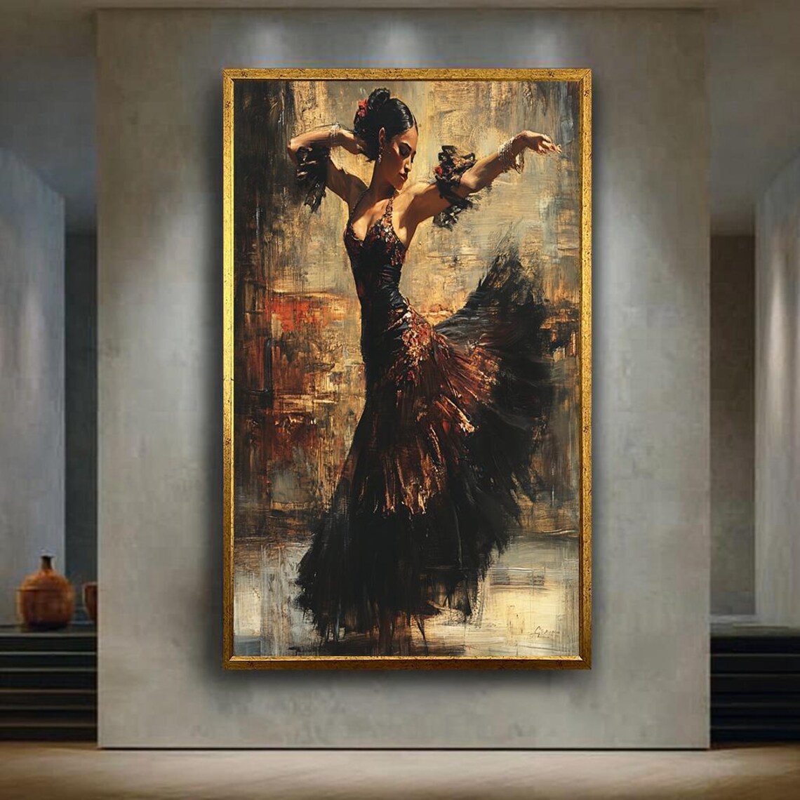 Flamenco Dancer Spanish Black Red Dress Passionate Dance Art Poster
